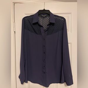 Navy blue button down shirt with geometric design